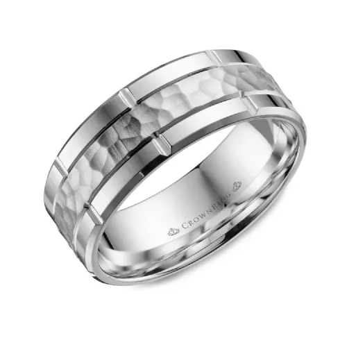 (10K, 14K, 18K) WHITE GOLD (8M SANDBLAST HAMMERED AND HIGH POLISHED SIDES WEDDING BAND