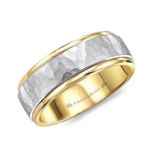 10K YELLOW AND WHITE GOLD (6M SANDBLAST HAMMERED CENTER AND HIGH POLISHED EDGES WEDDING BAND