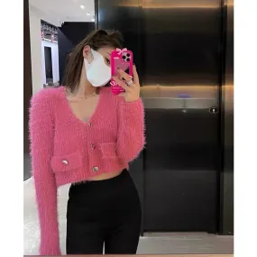 2022 new v-neck sweet slim chic top short pink knitted cardigan coat for small women V1142