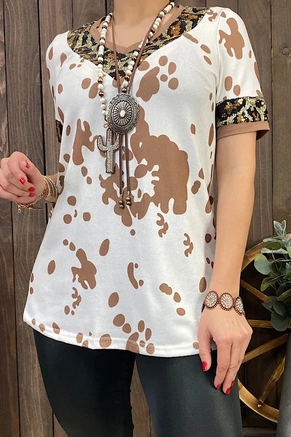 3X : Cow print top with sequin leopard trim