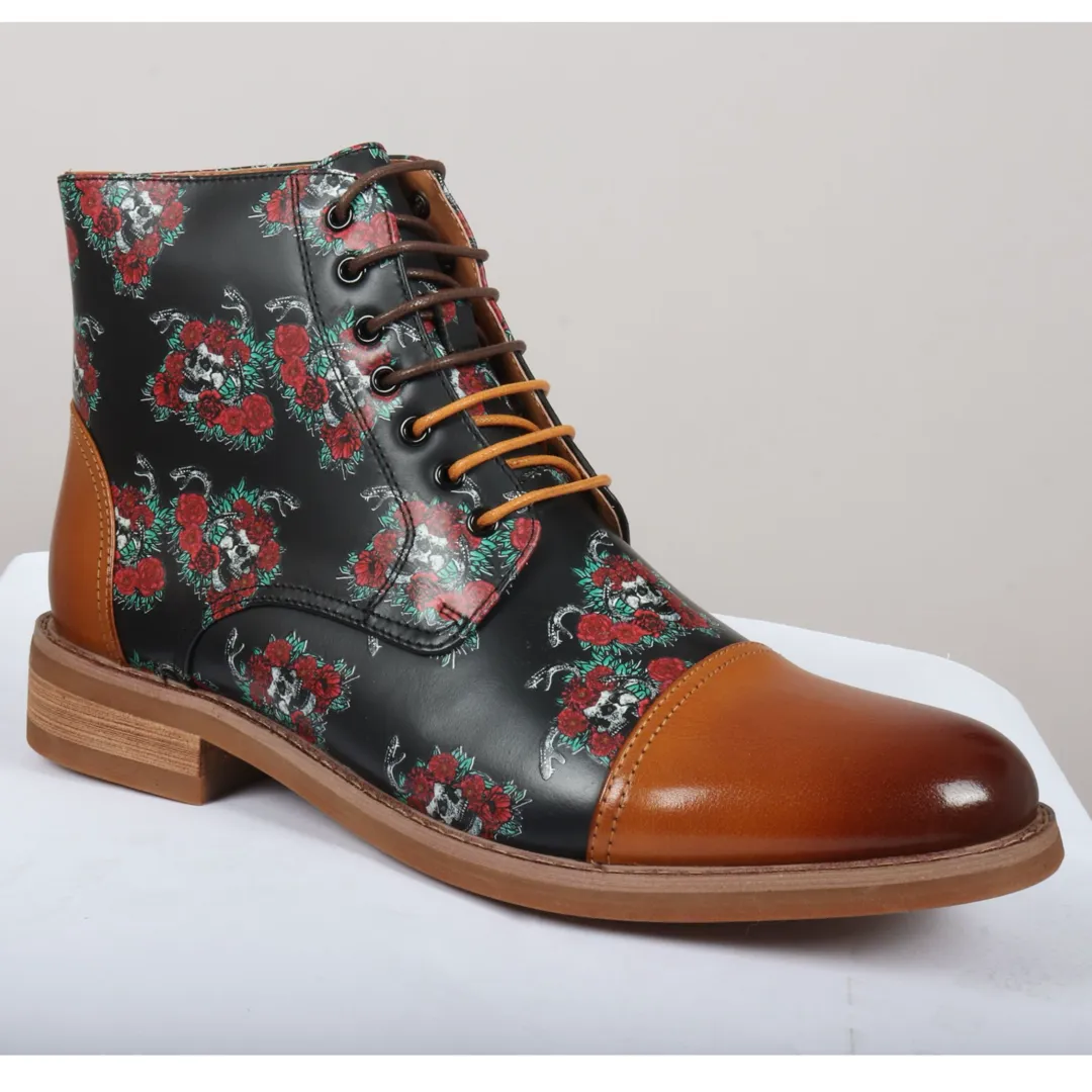 Adam - Men's Brown Floral Skull Print Leather Oxford Boots