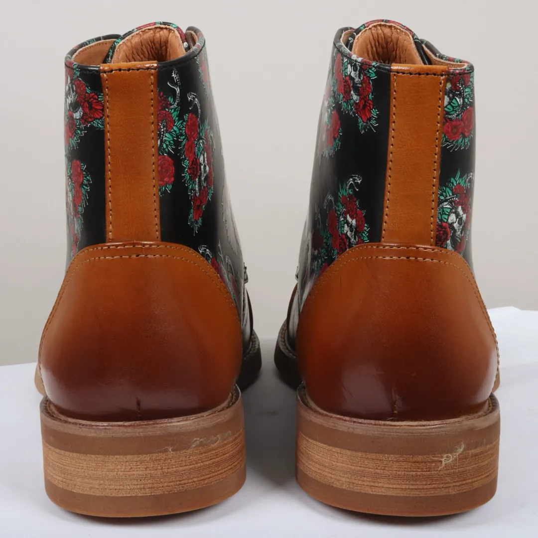 Adam - Men's Brown Floral Skull Print Leather Oxford Boots