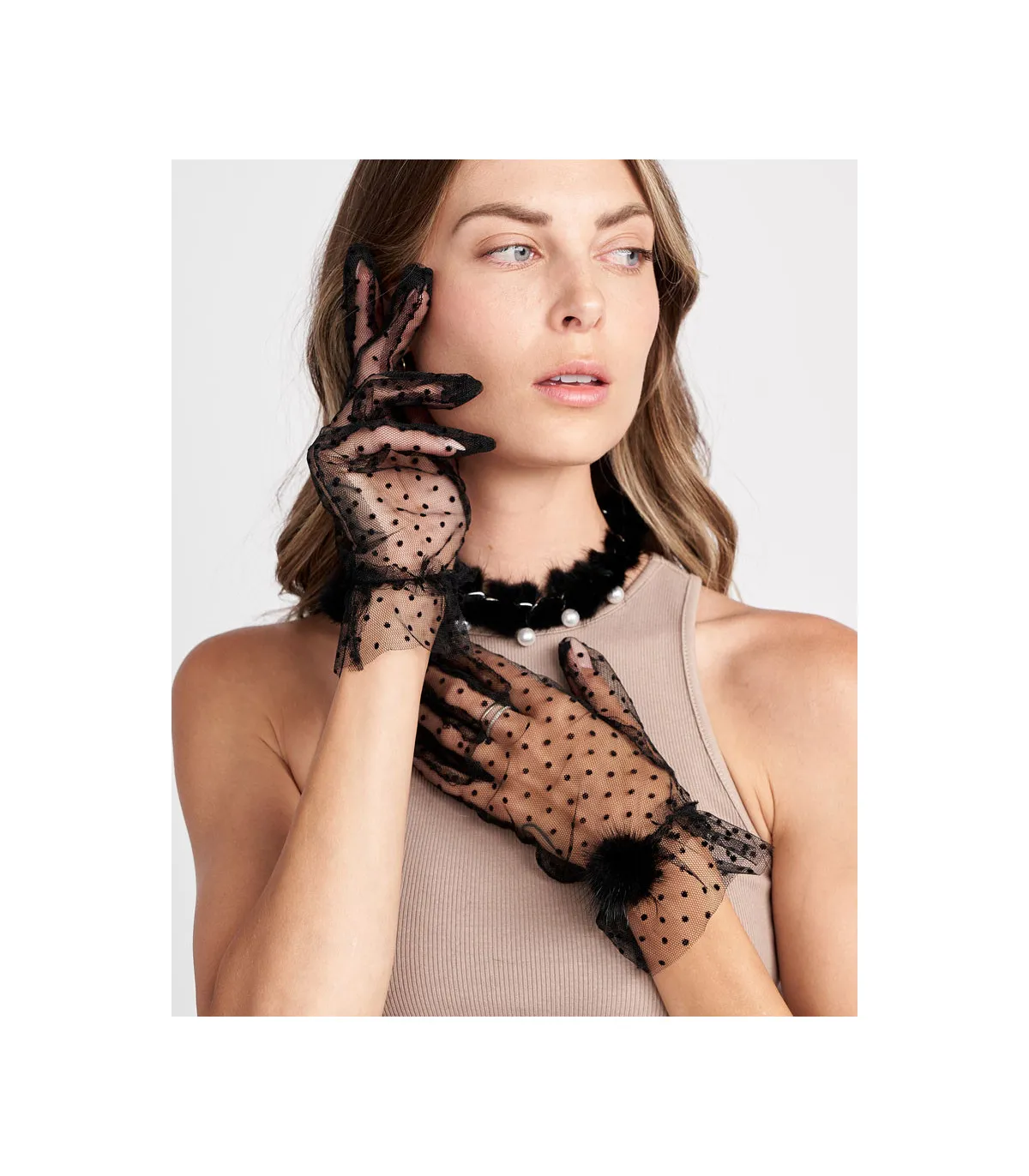 Addison Tulle Gloves with Mink Pom Pom in Black | Furhatworld.com