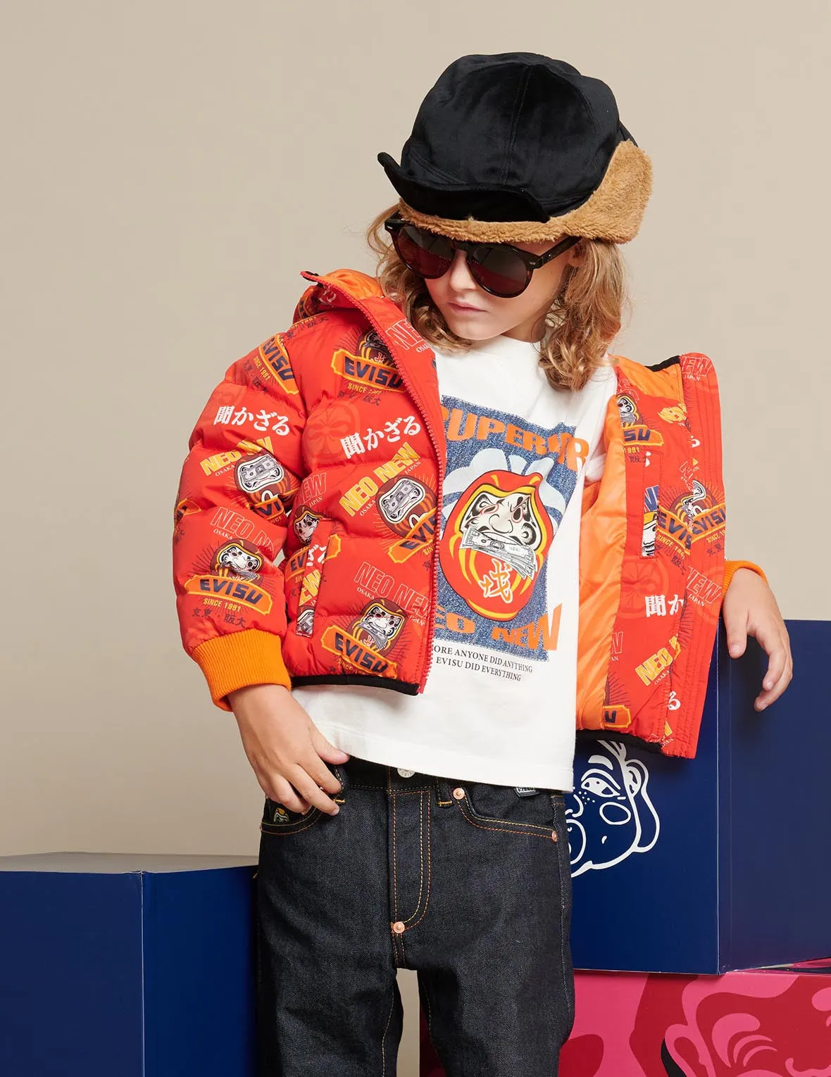 Allover Daruma Print Down Jacket