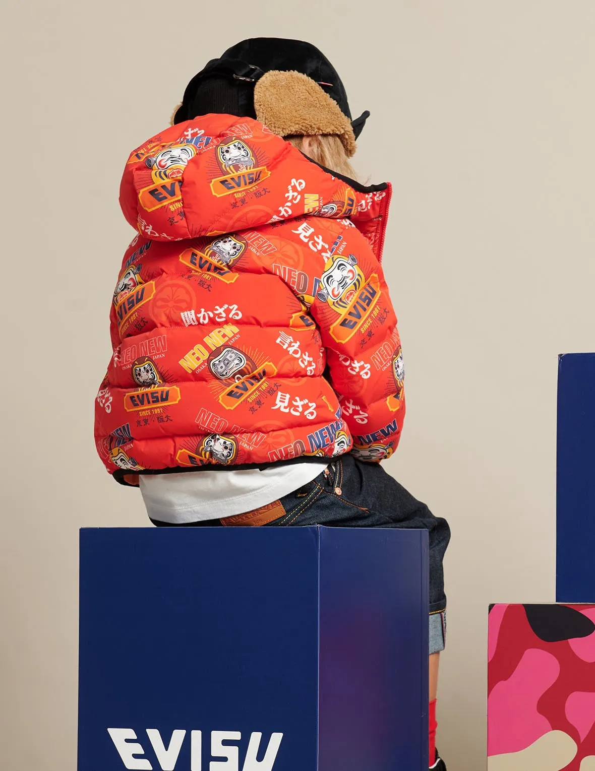 Allover Daruma Print Down Jacket