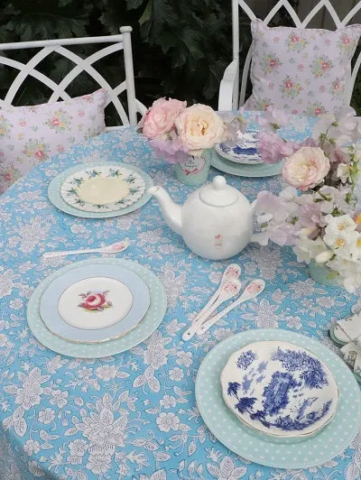 Anna blue Block Printed round Tablecloth