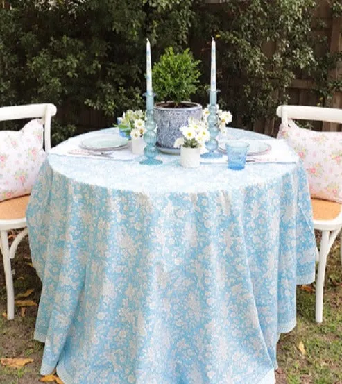 Anna blue Block Printed round Tablecloth