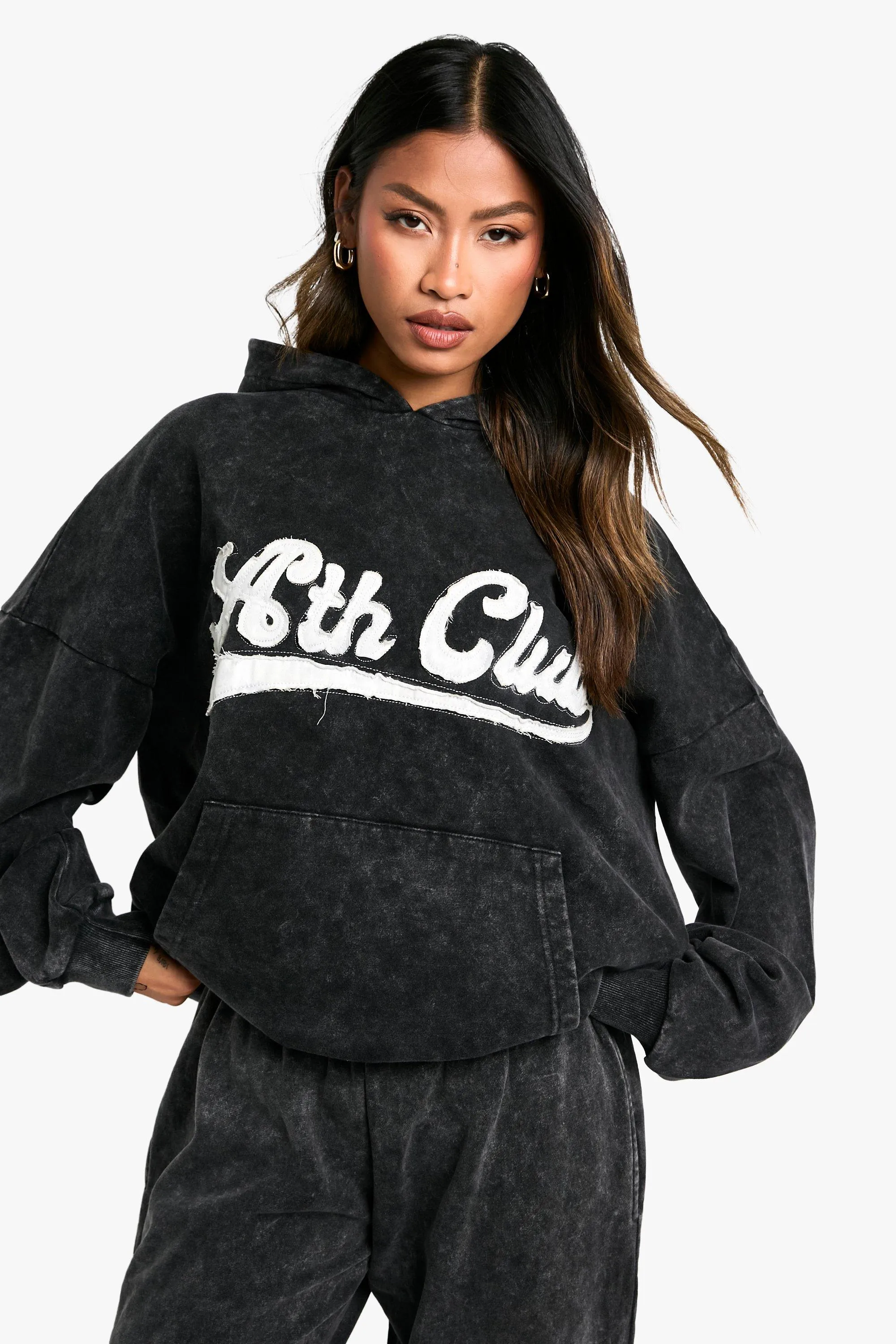 Ath Club Slogan Applique Acid Wash Oversized Hoodie