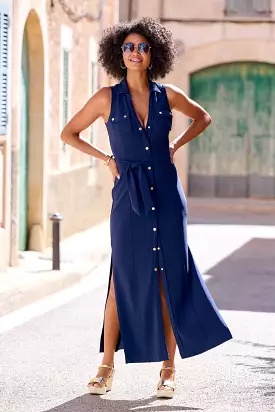 Beyond Travel Button Front Collared Maxi Dress Maritime Navy