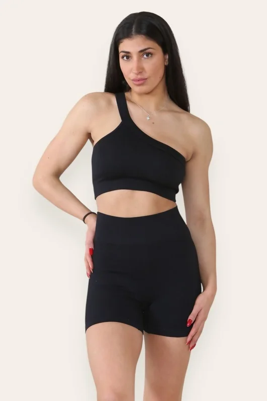 Black Single Shoulder Crop Top And High Waist Short Set