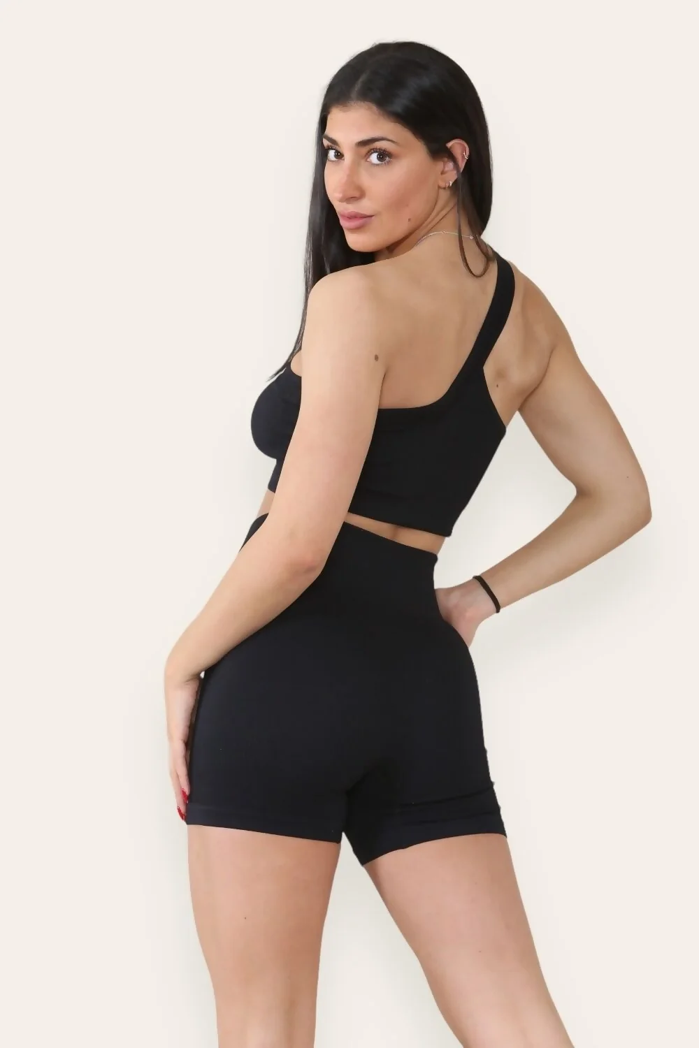 Black Single Shoulder Crop Top And High Waist Short Set