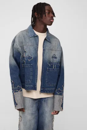 Boxy Fit Cross Applique Denim Bomber Jacket