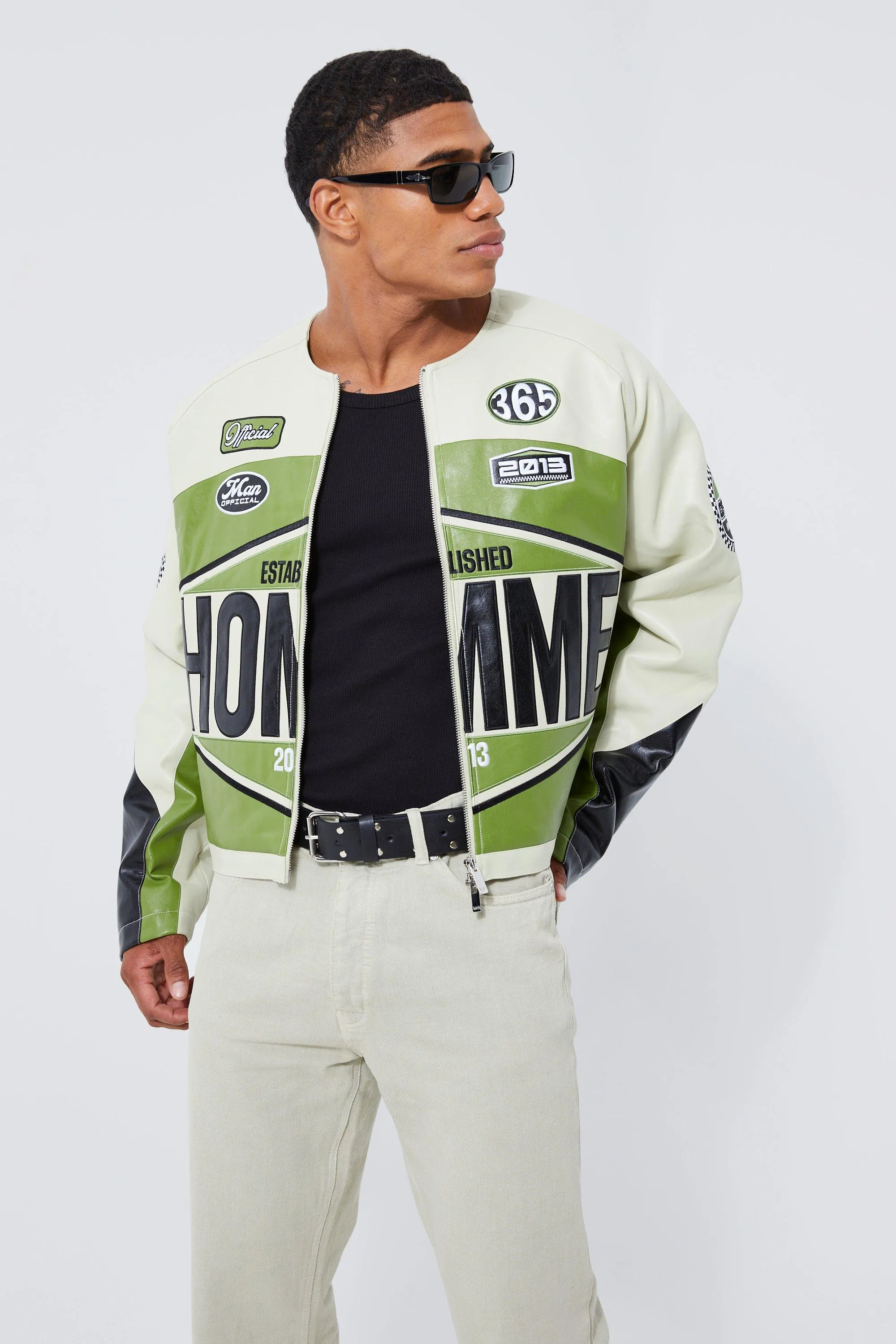 Boxy Pu Homme Collarless Moto Jacket