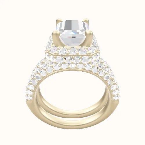 Cathedral Three Row Pave Engagement Ring With High Set Waterfall Halo Head and Matching Band