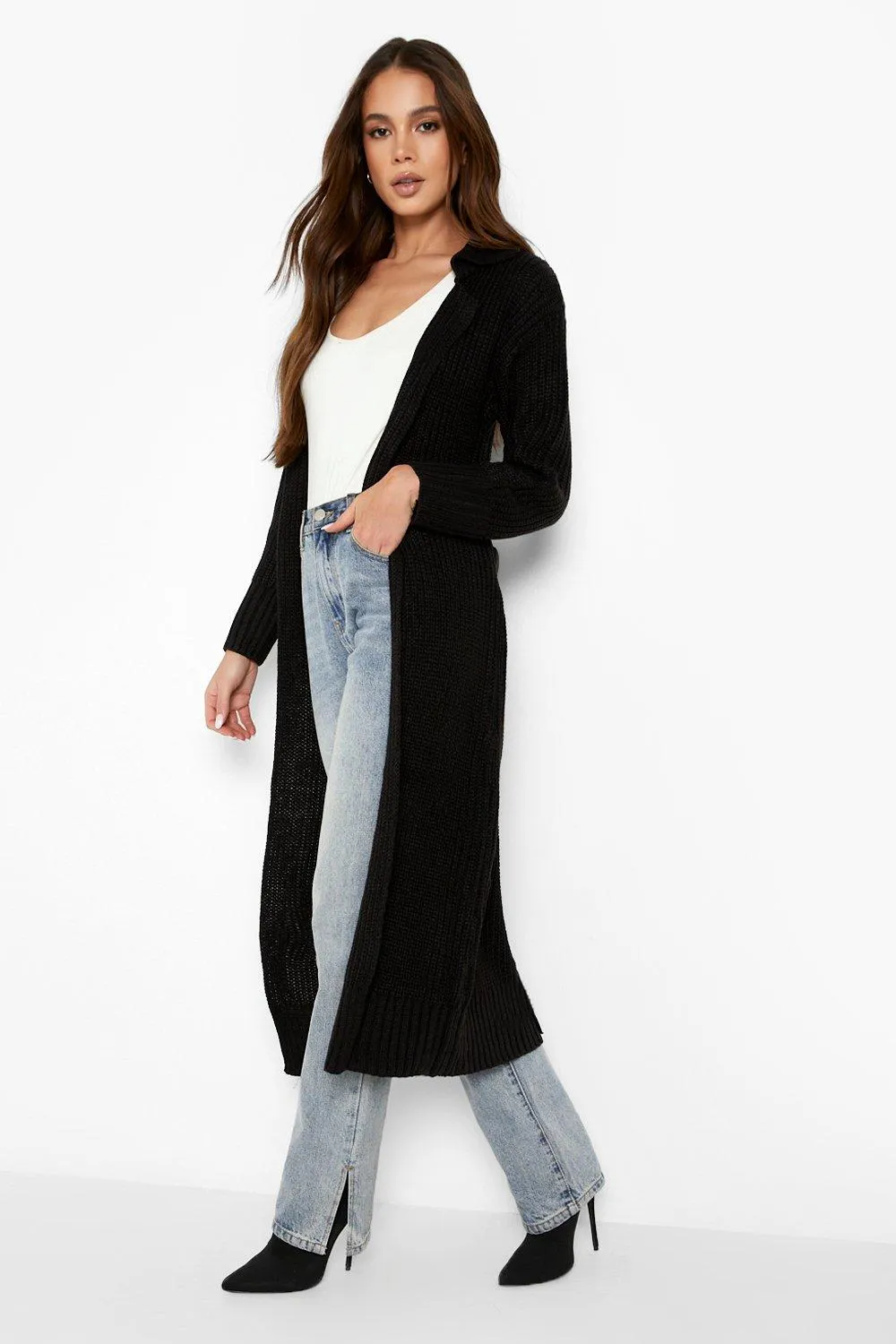 Chunky Knit Collard Longline Belted Cardigan