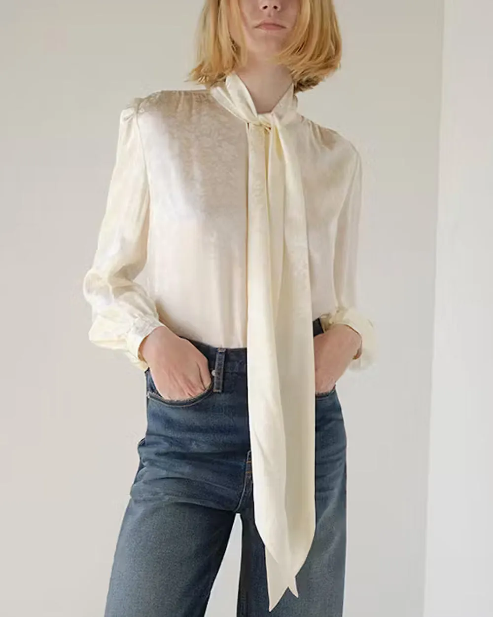 Cream Femme Tie Neck Blouse