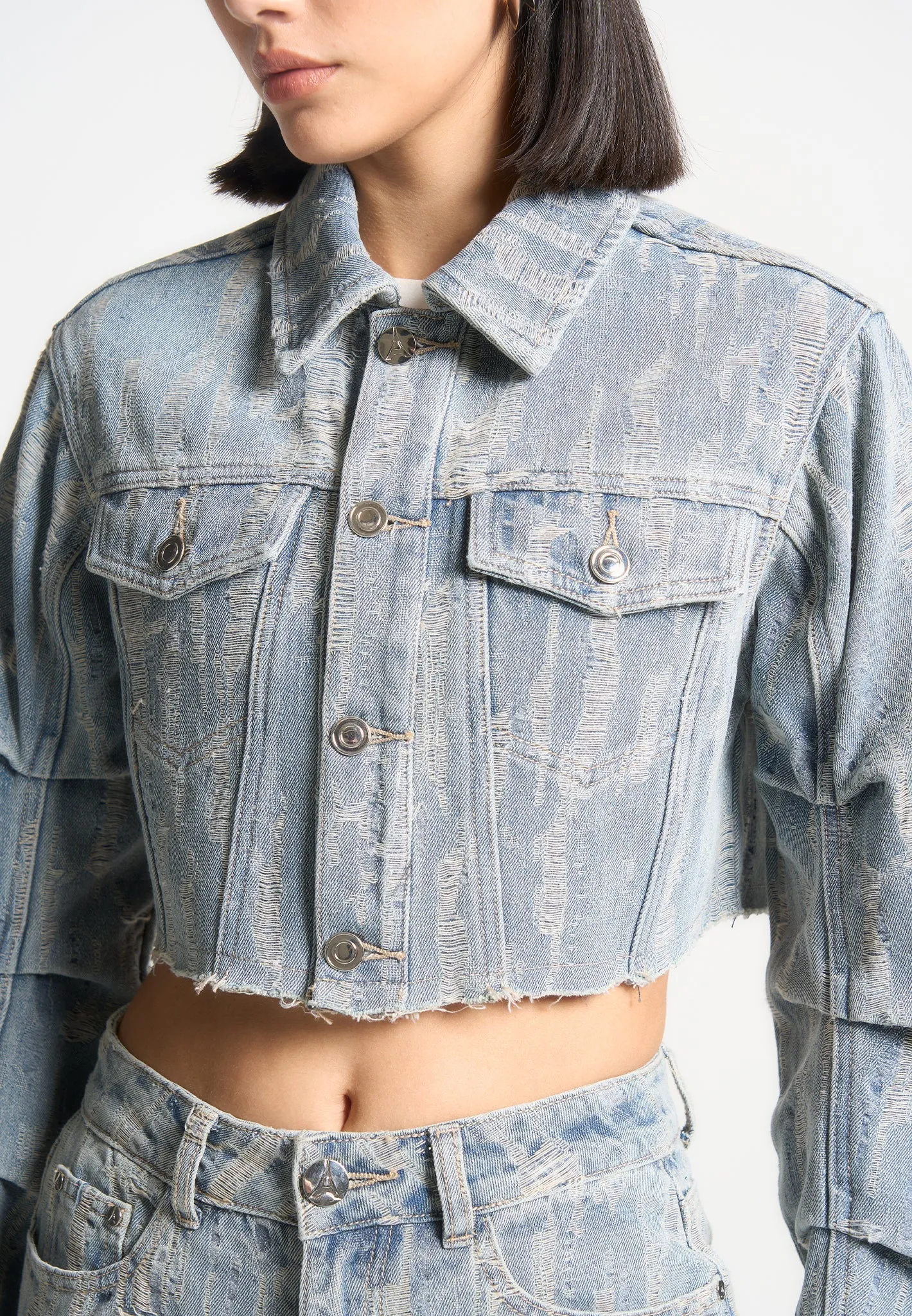 Cropped Distressed Denim Jacket - Mid Blue