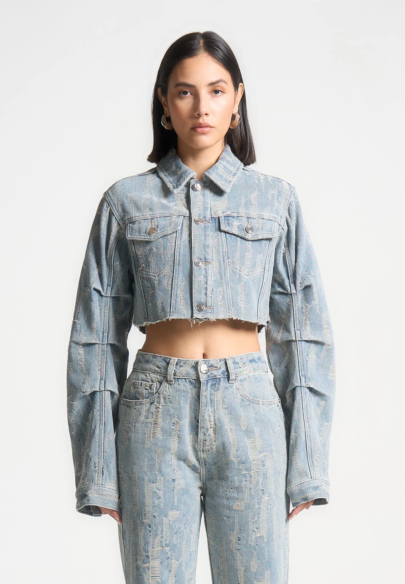 Cropped Distressed Denim Jacket - Mid Blue