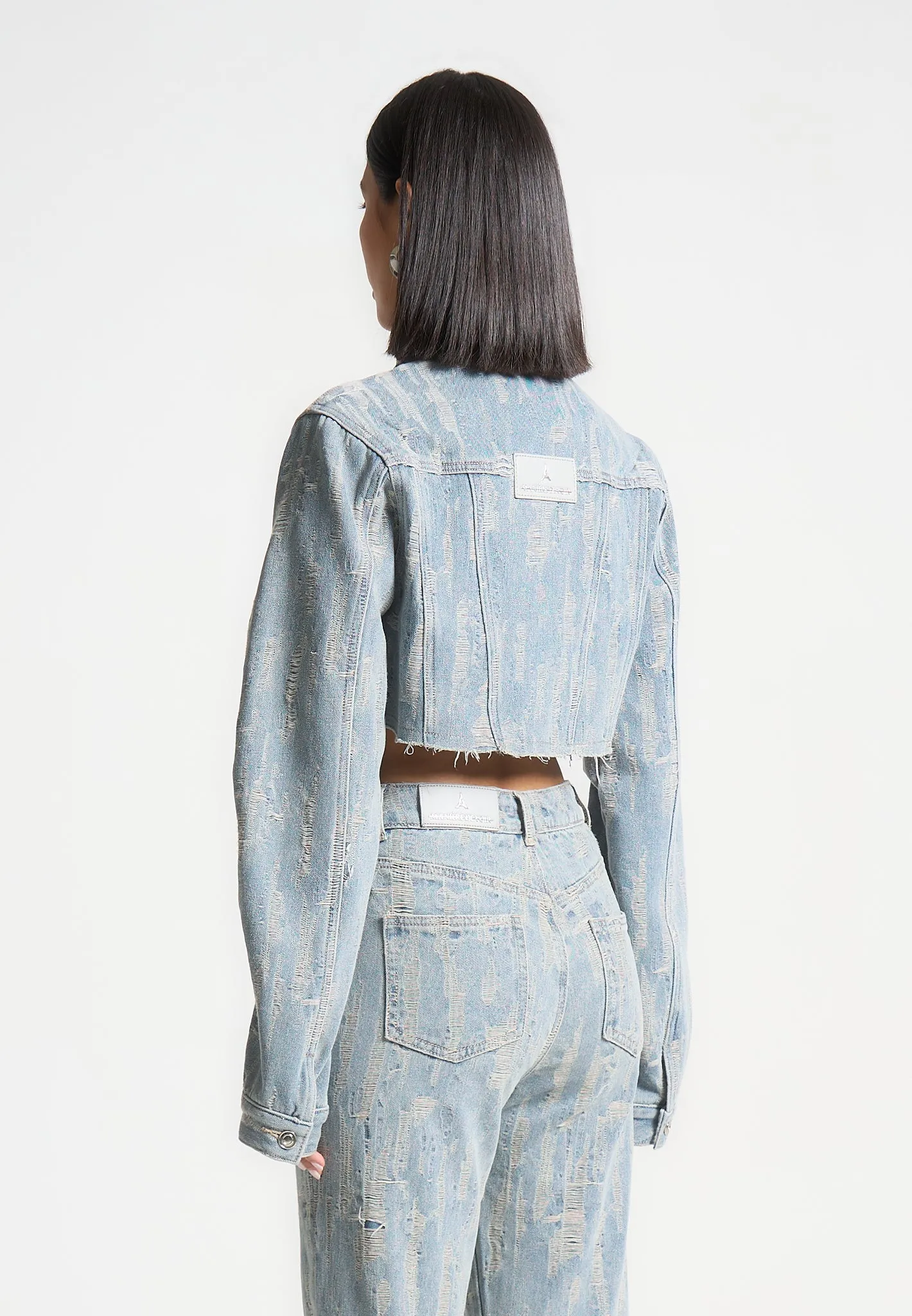 Cropped Distressed Denim Jacket - Mid Blue