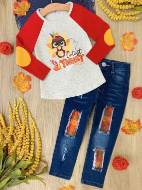 Cutest Turkey Raglan Top and Patched Jeans Set