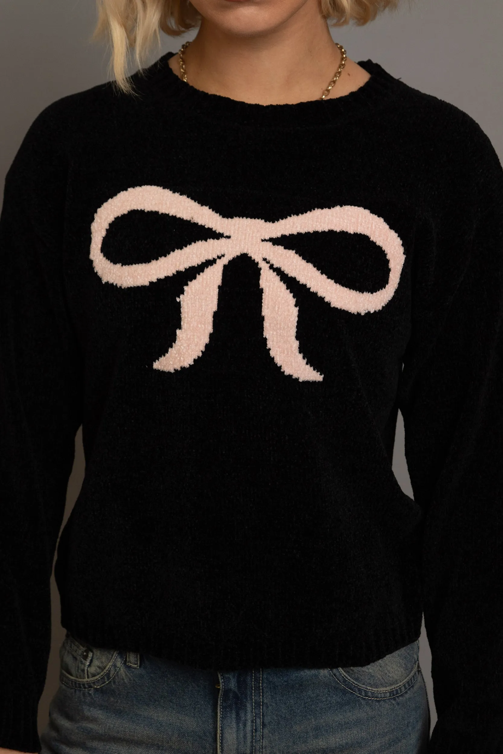 Daisy Street Chenille Bow Motif Sweater