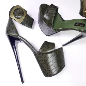 Dark Green Croco Belted High Heel Sandals