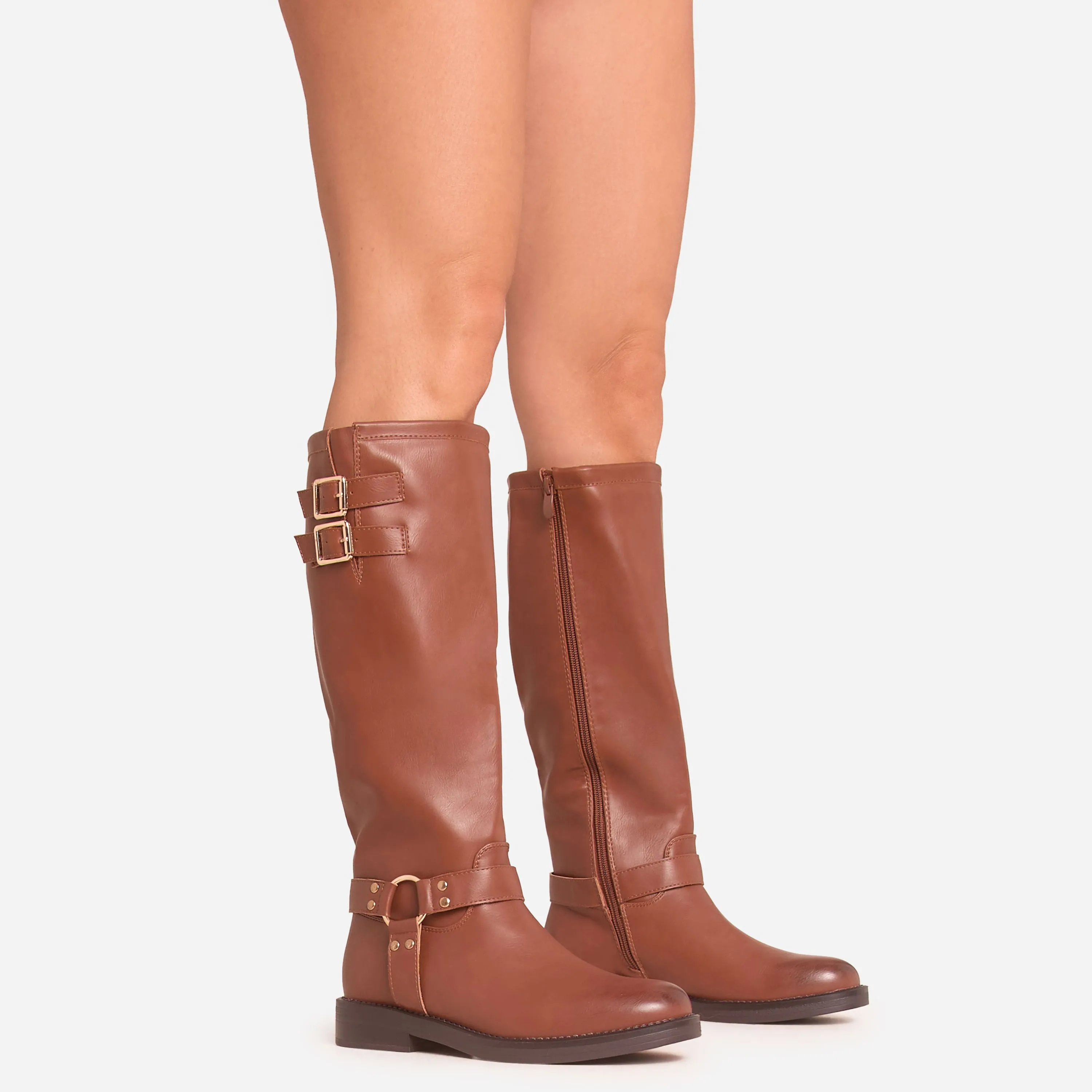 Destin Double Buckle Detail Knee High Long Biker Boot In Tan Brown Faux Leather