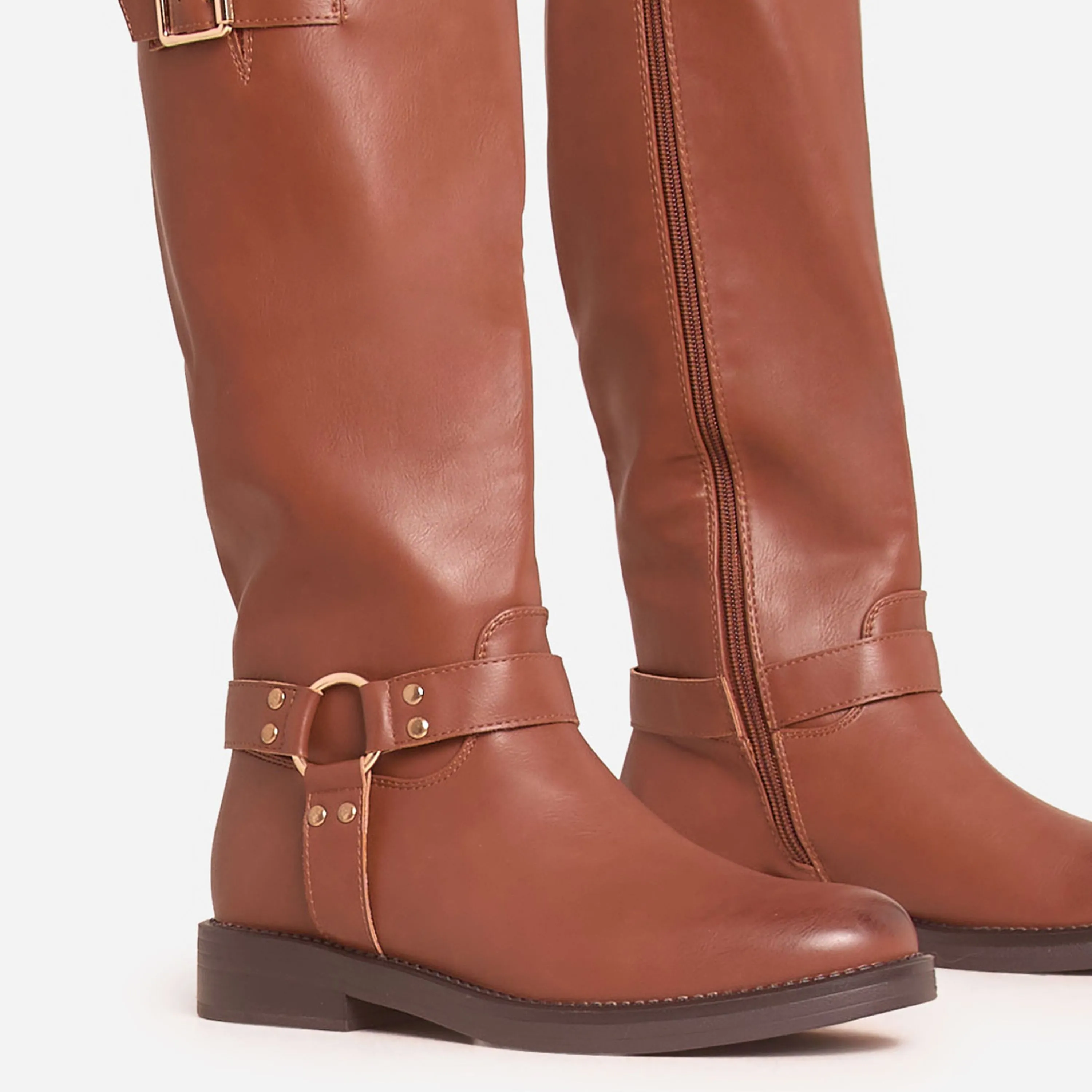 Destin Double Buckle Detail Knee High Long Biker Boot In Tan Brown Faux Leather