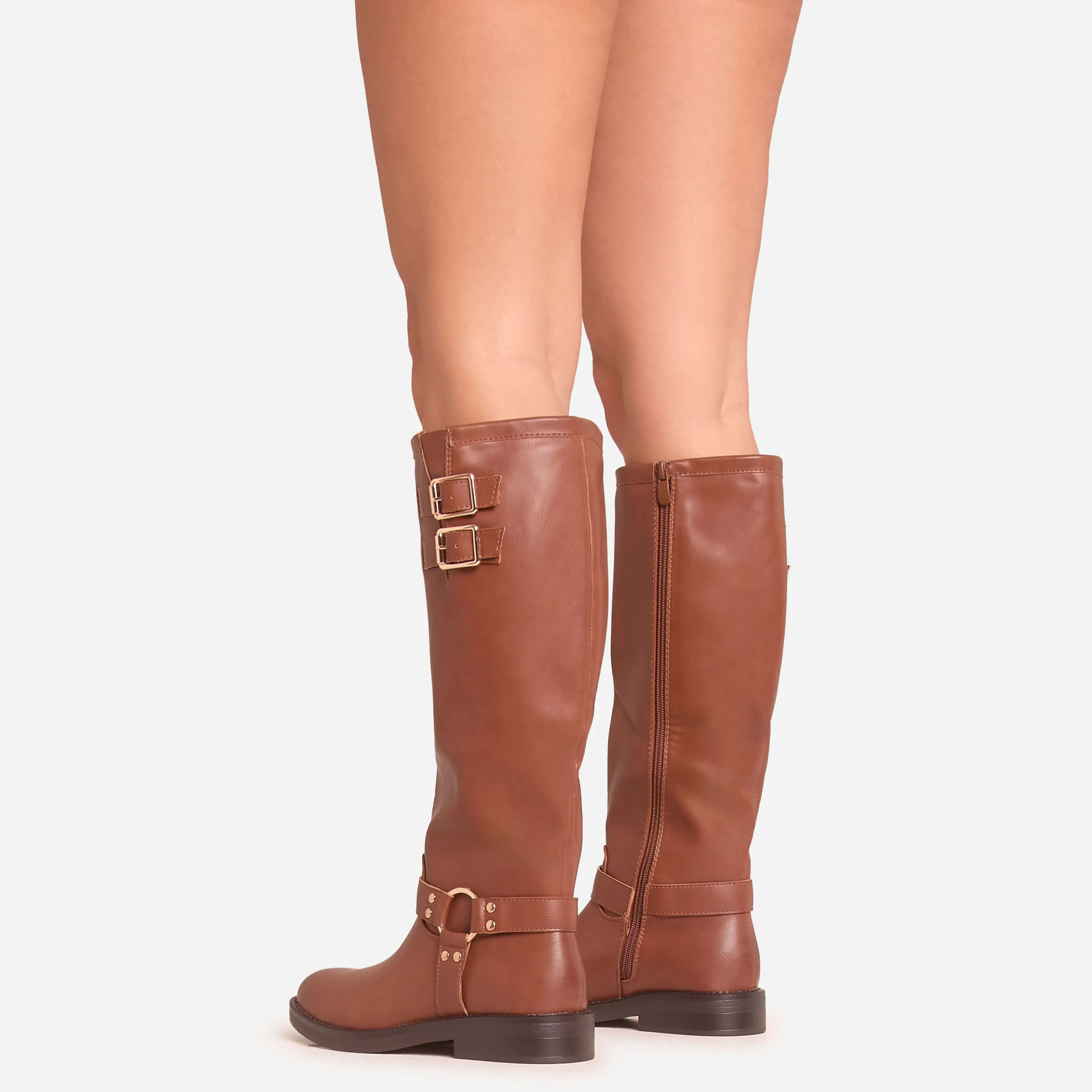 Destin Double Buckle Detail Knee High Long Biker Boot In Tan Brown Faux Leather