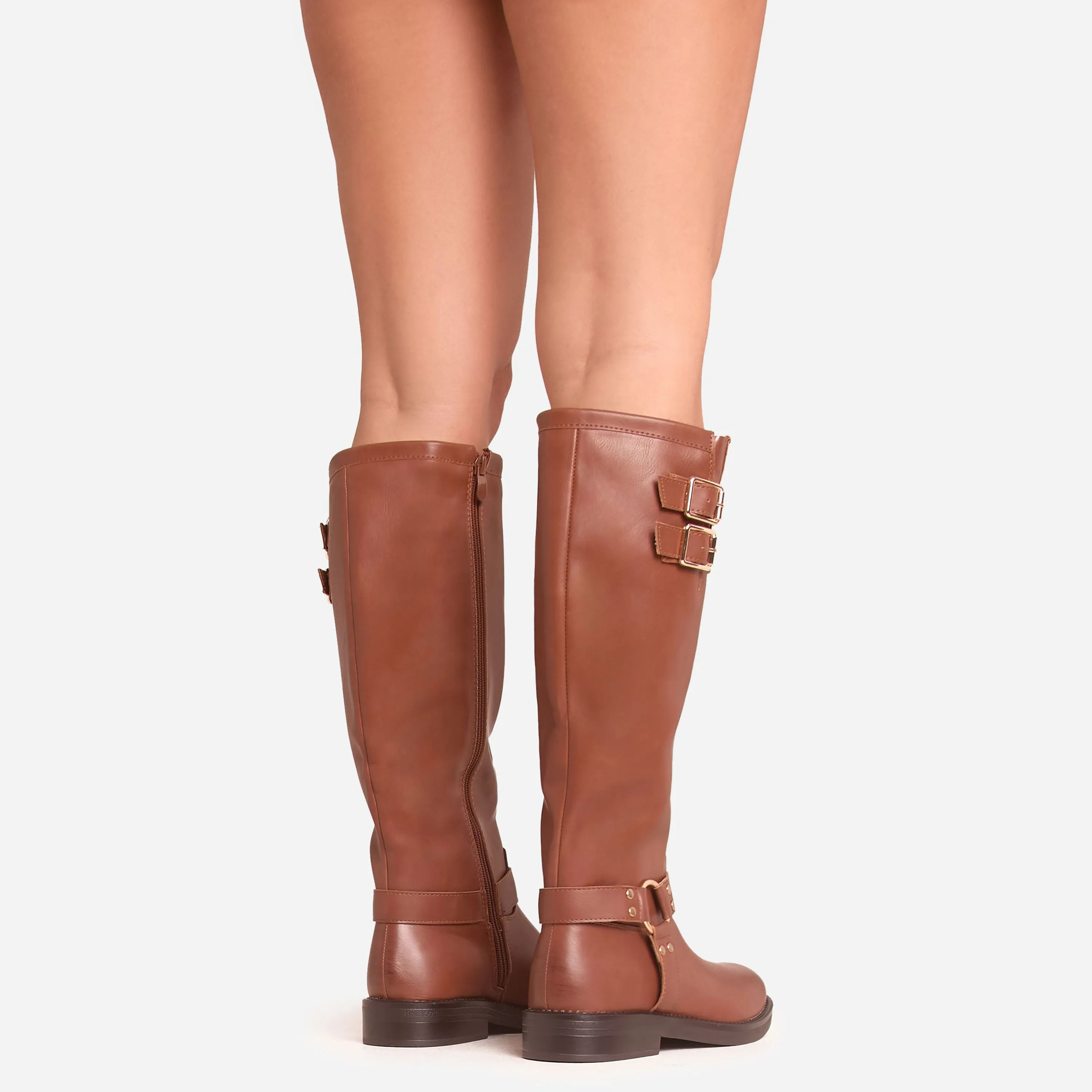 Destin Double Buckle Detail Knee High Long Biker Boot In Tan Brown Faux Leather