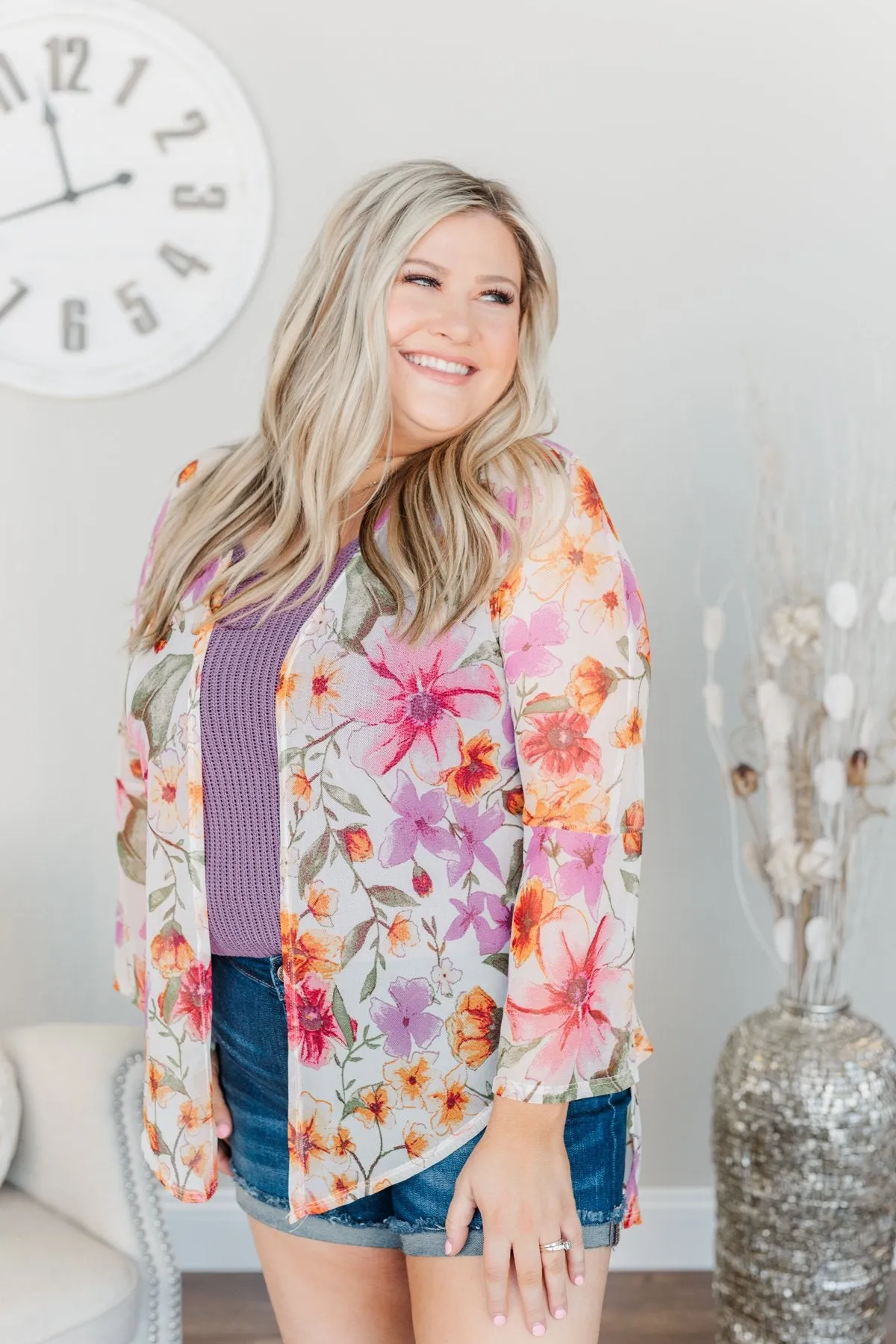 Fragrant Flowers Lightweight Kimono- Pink, Orange & Ivory