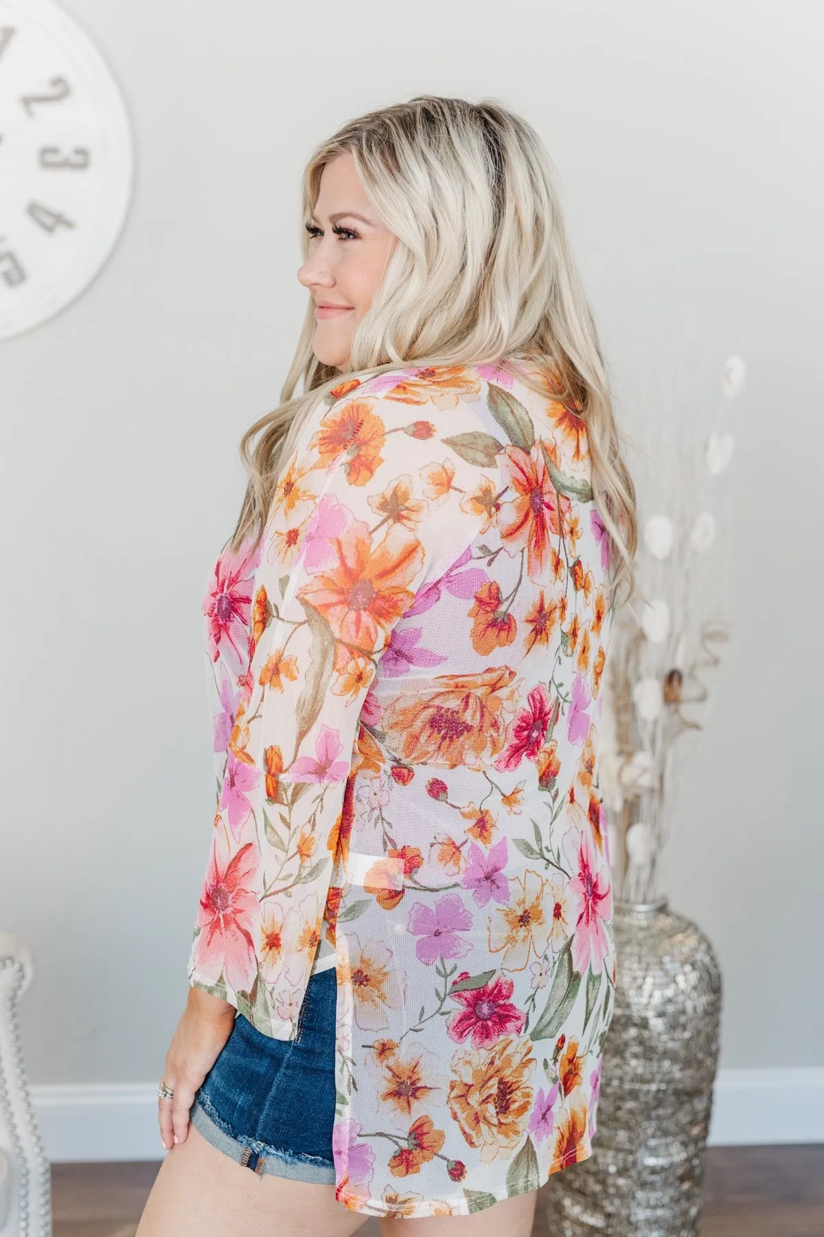 Fragrant Flowers Lightweight Kimono- Pink, Orange & Ivory