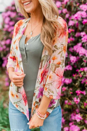 Fragrant Flowers Lightweight Kimono- Pink, Orange & Ivory