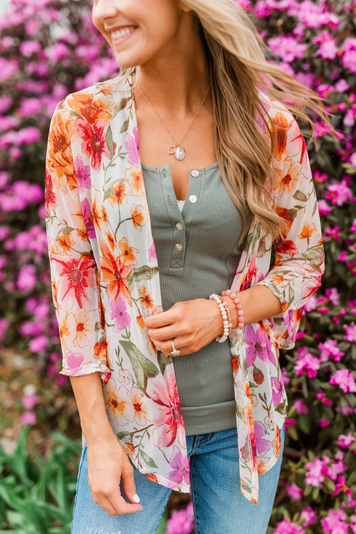 Fragrant Flowers Lightweight Kimono- Pink, Orange & Ivory