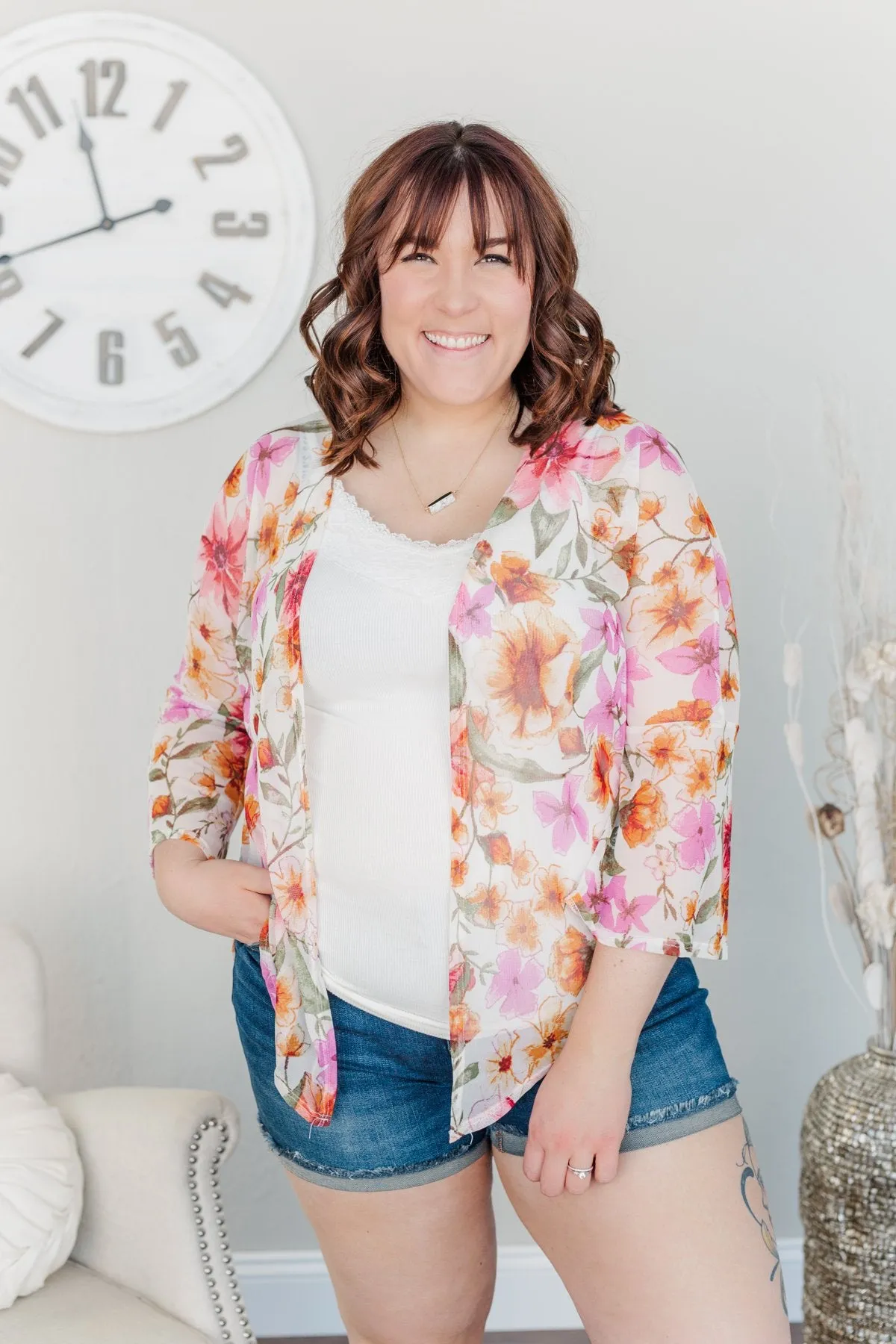 Fragrant Flowers Lightweight Kimono- Pink, Orange & Ivory