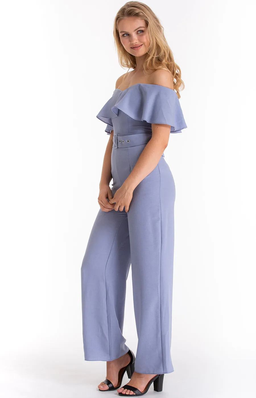 Frill off shoulder heart neckline Jumpsuit with Belt details (AJP842A)