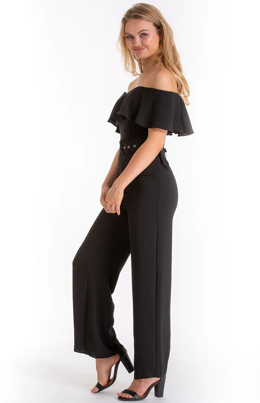 Frill off shoulder heart neckline Jumpsuit with Belt details (AJP842A)