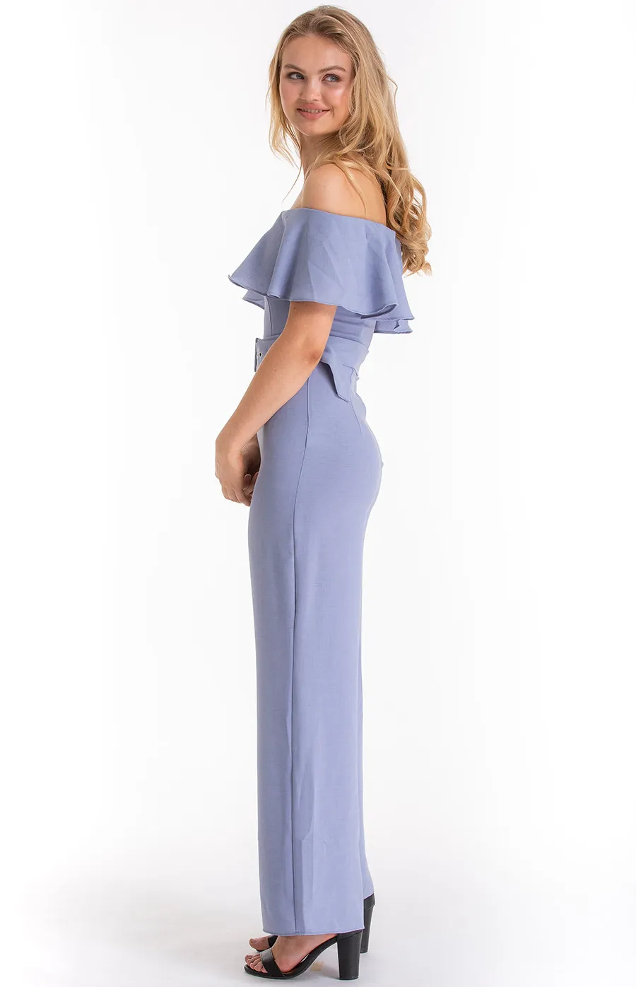 Frill off shoulder heart neckline Jumpsuit with Belt details (AJP842A)