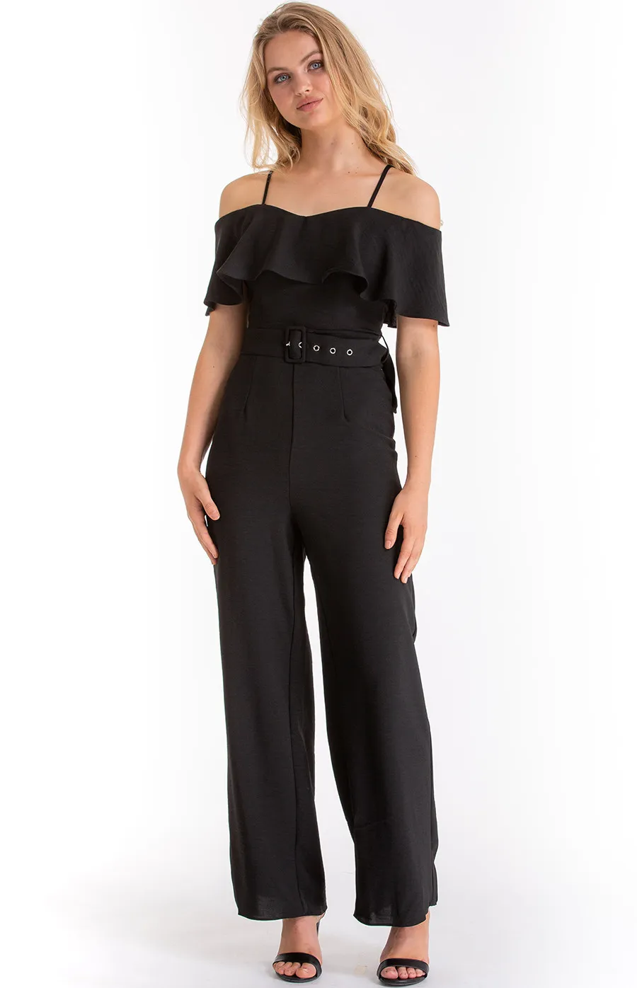 Frill off shoulder heart neckline Jumpsuit with Belt details (AJP842A)