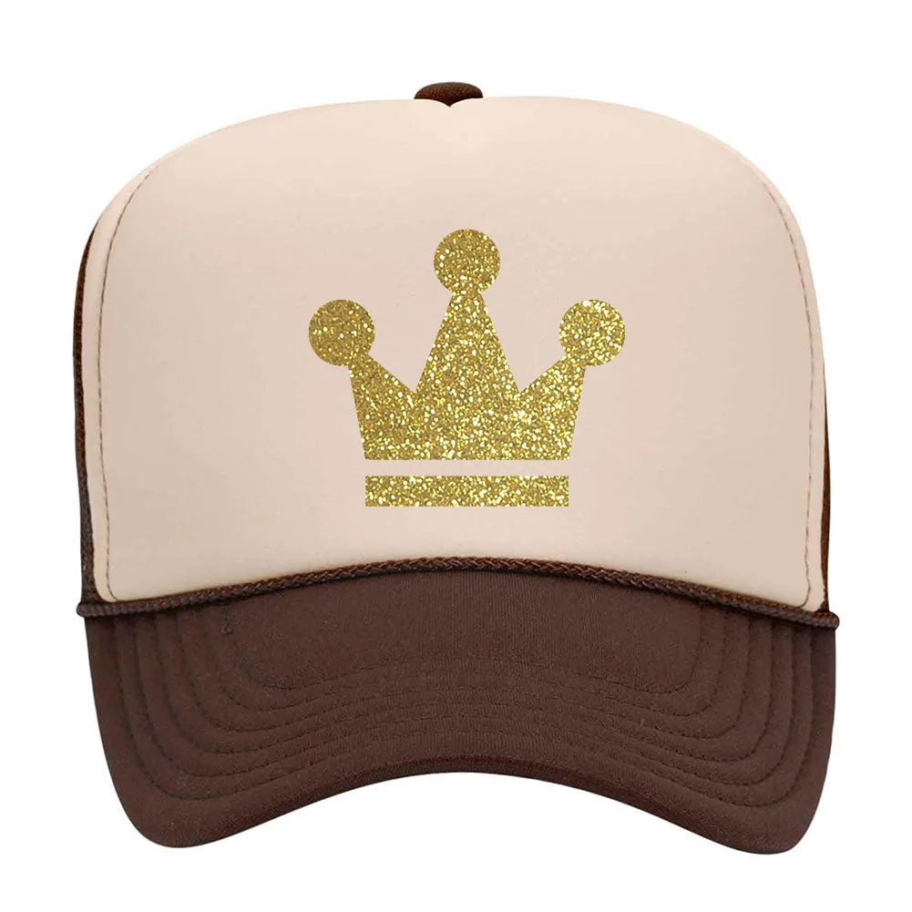 Gold Crown Glitter Printed 5 Panel High Crown Mesh Back Trucker Hat - For Men and Women