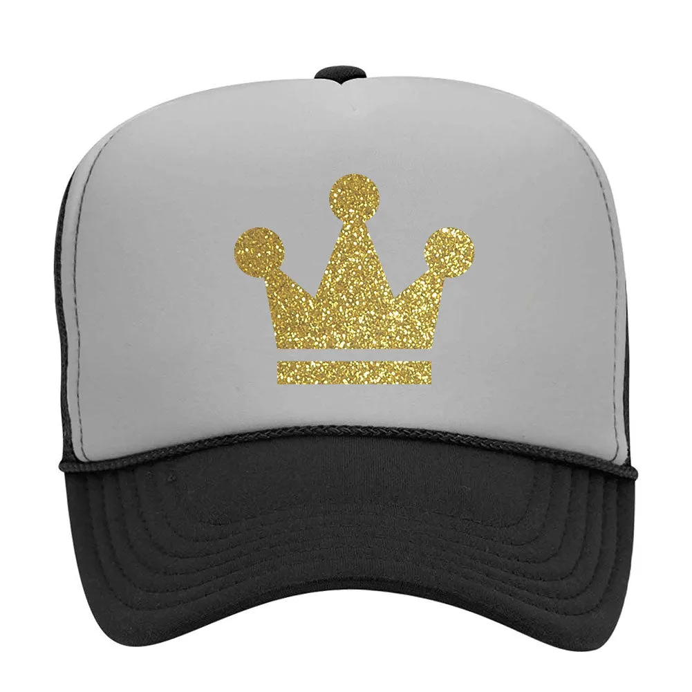 Gold Crown Glitter Printed 5 Panel High Crown Mesh Back Trucker Hat - For Men and Women