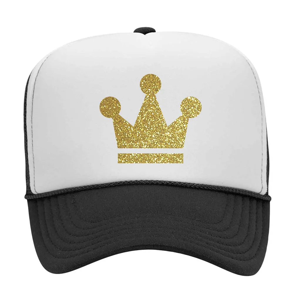 Gold Crown Glitter Printed 5 Panel High Crown Mesh Back Trucker Hat - For Men and Women