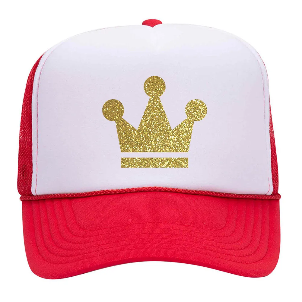 Gold Crown Glitter Printed 5 Panel High Crown Mesh Back Trucker Hat - For Men and Women