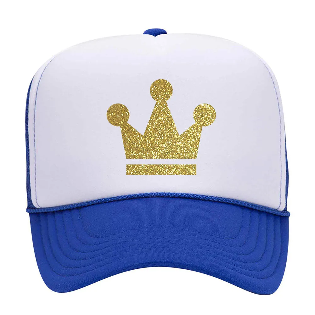 Gold Crown Glitter Printed 5 Panel High Crown Mesh Back Trucker Hat - For Men and Women