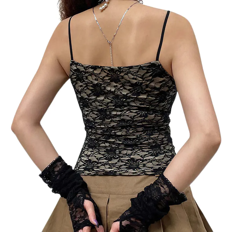 Gothic Black Strap Skinny Lace Tank Top For Women / Sexy Cropped Camis With Gloves