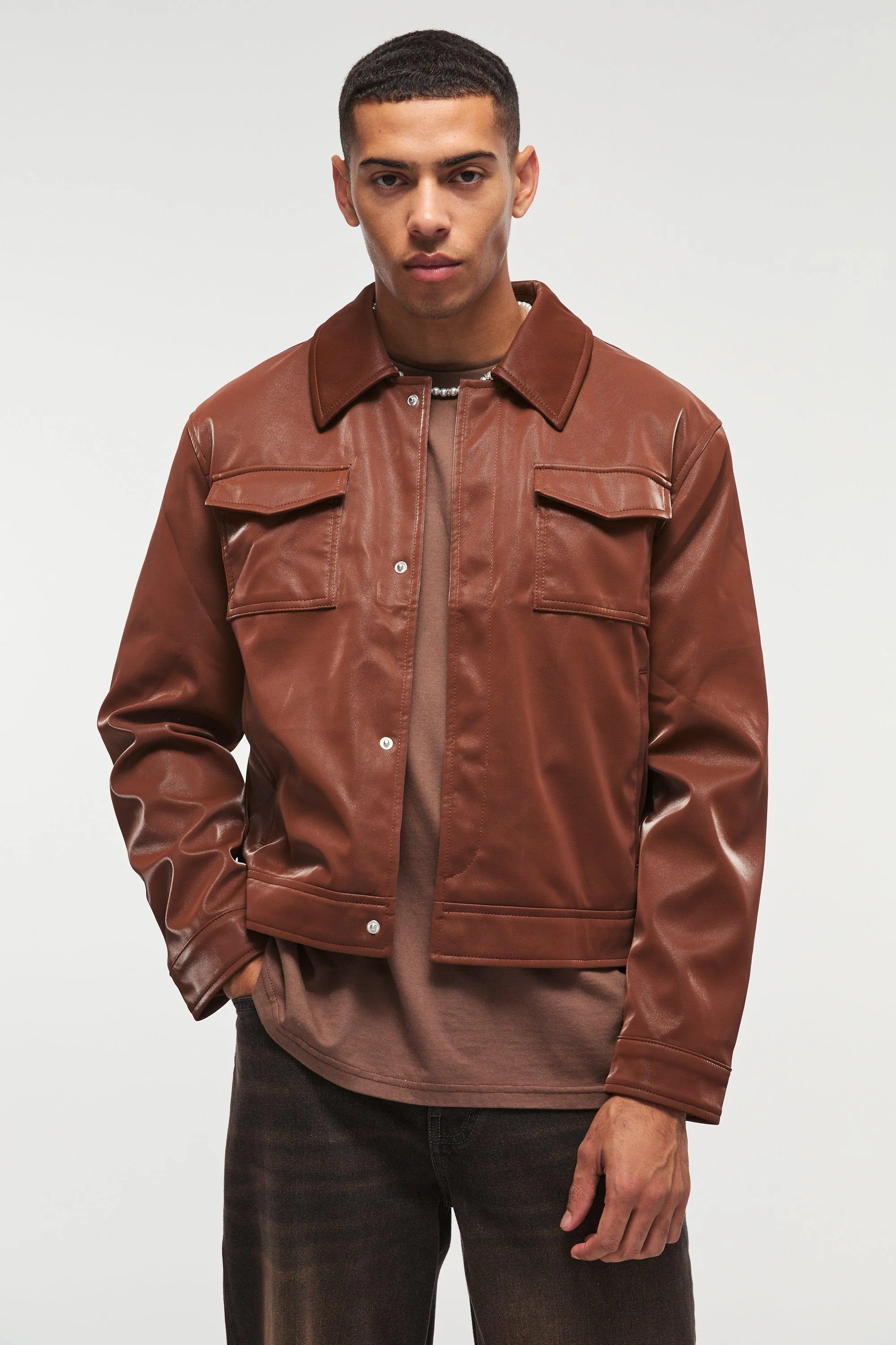 High Shine Pu Harrington Jacket In Chocolate