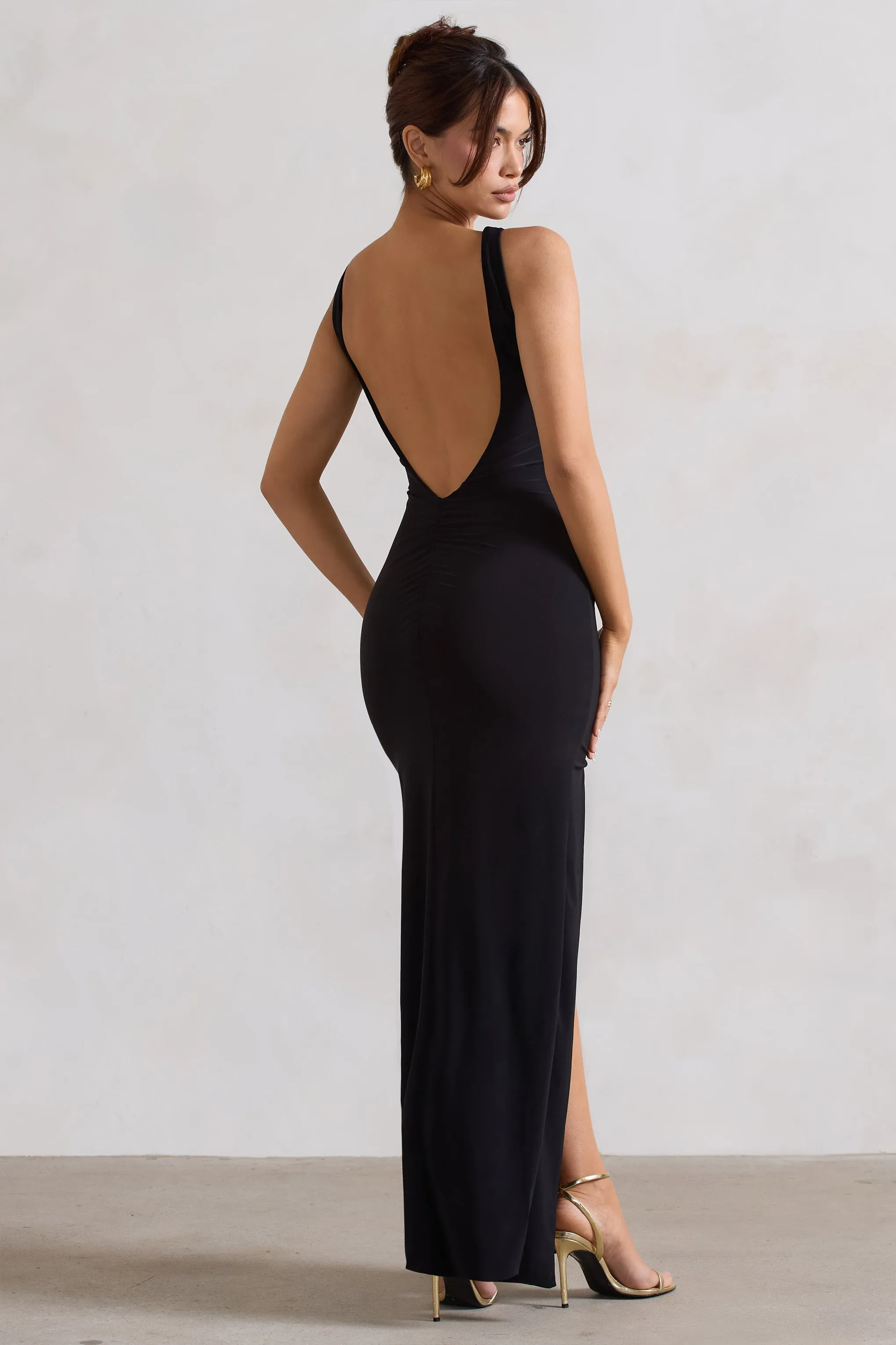 Kate | Black Square Neck Maxi Dress with Plunge Back and Side Thigh Split