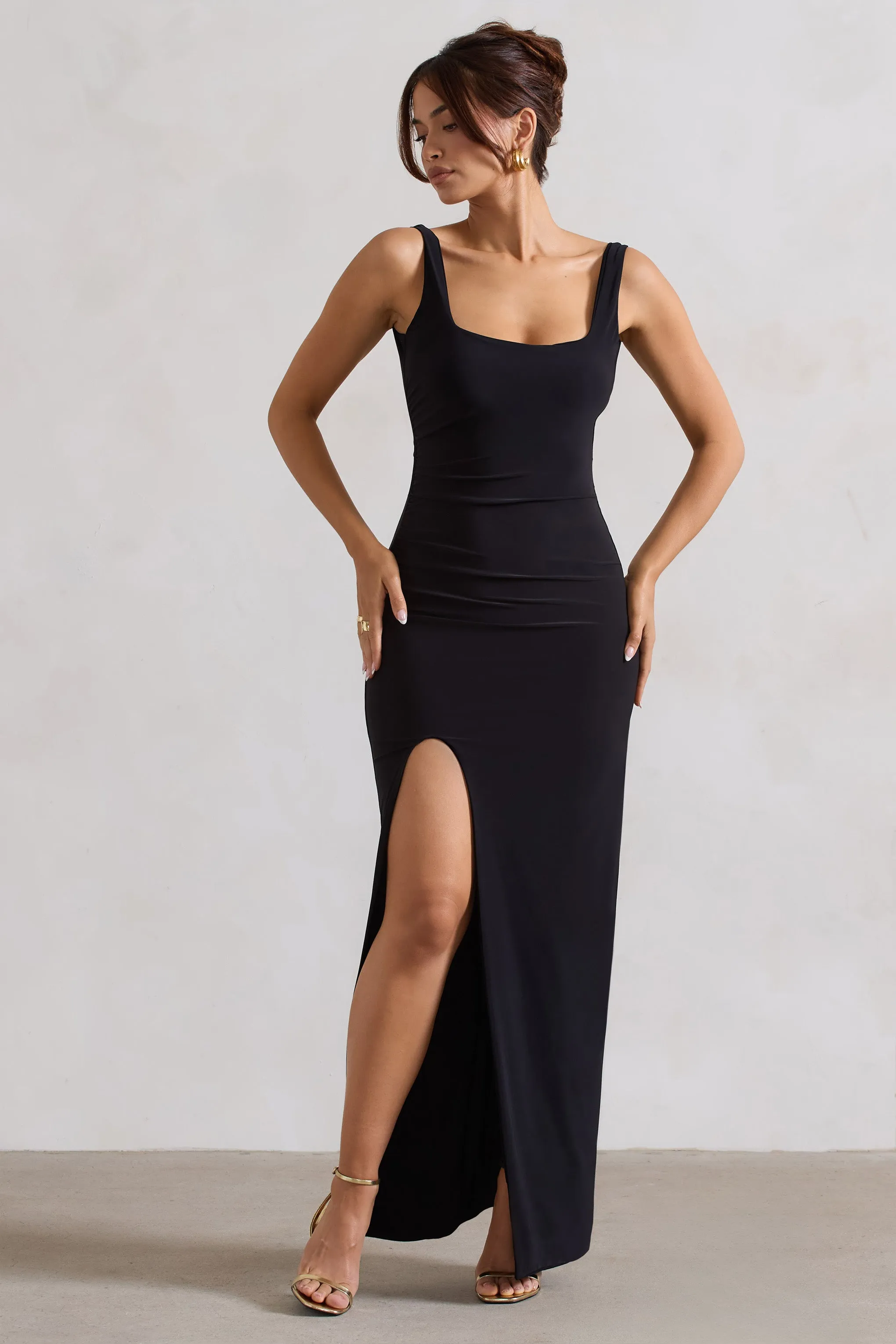 Kate | Black Square Neck Maxi Dress with Plunge Back and Side Thigh Split