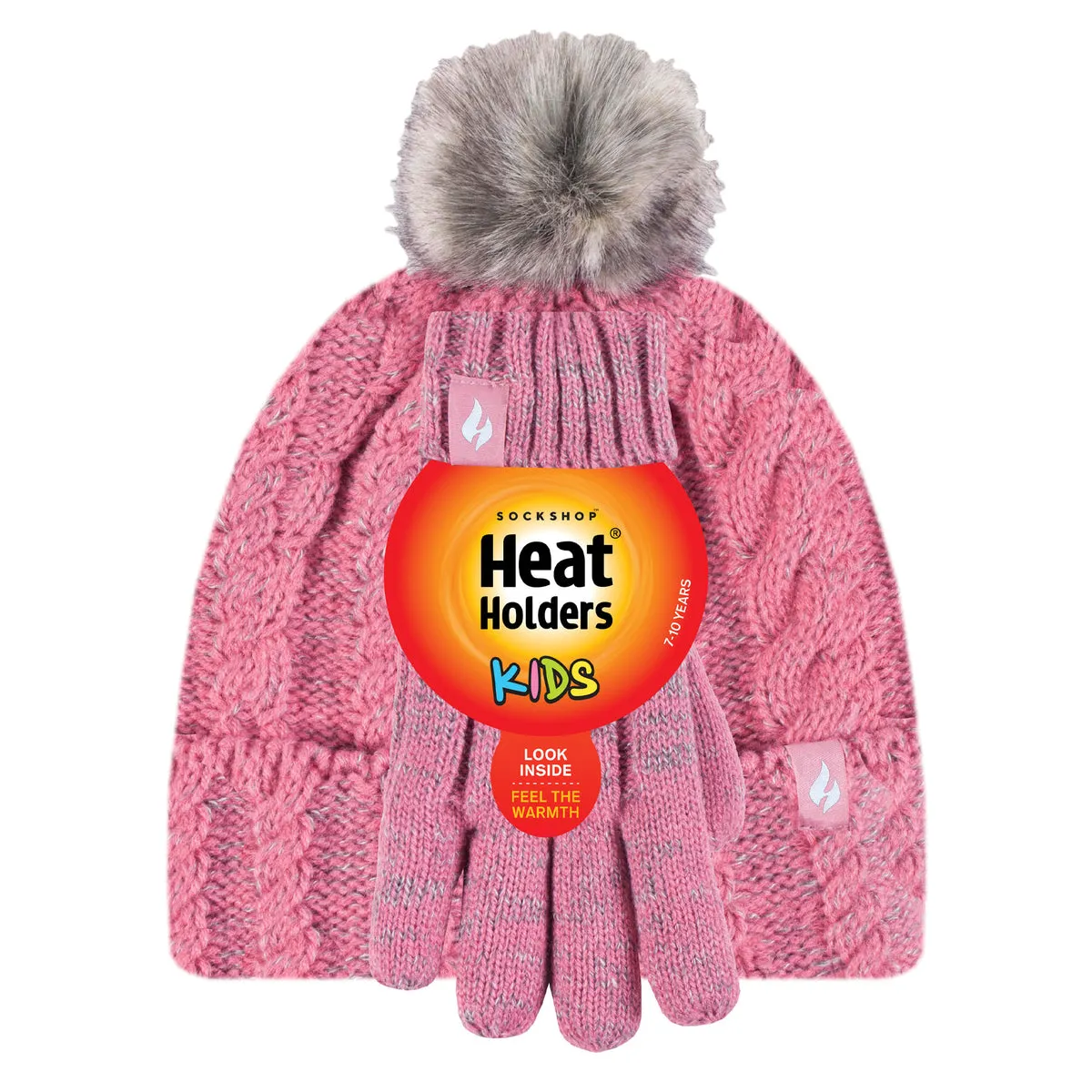 Kids Turn Over Pom Pom Hat & Gloves - Coral