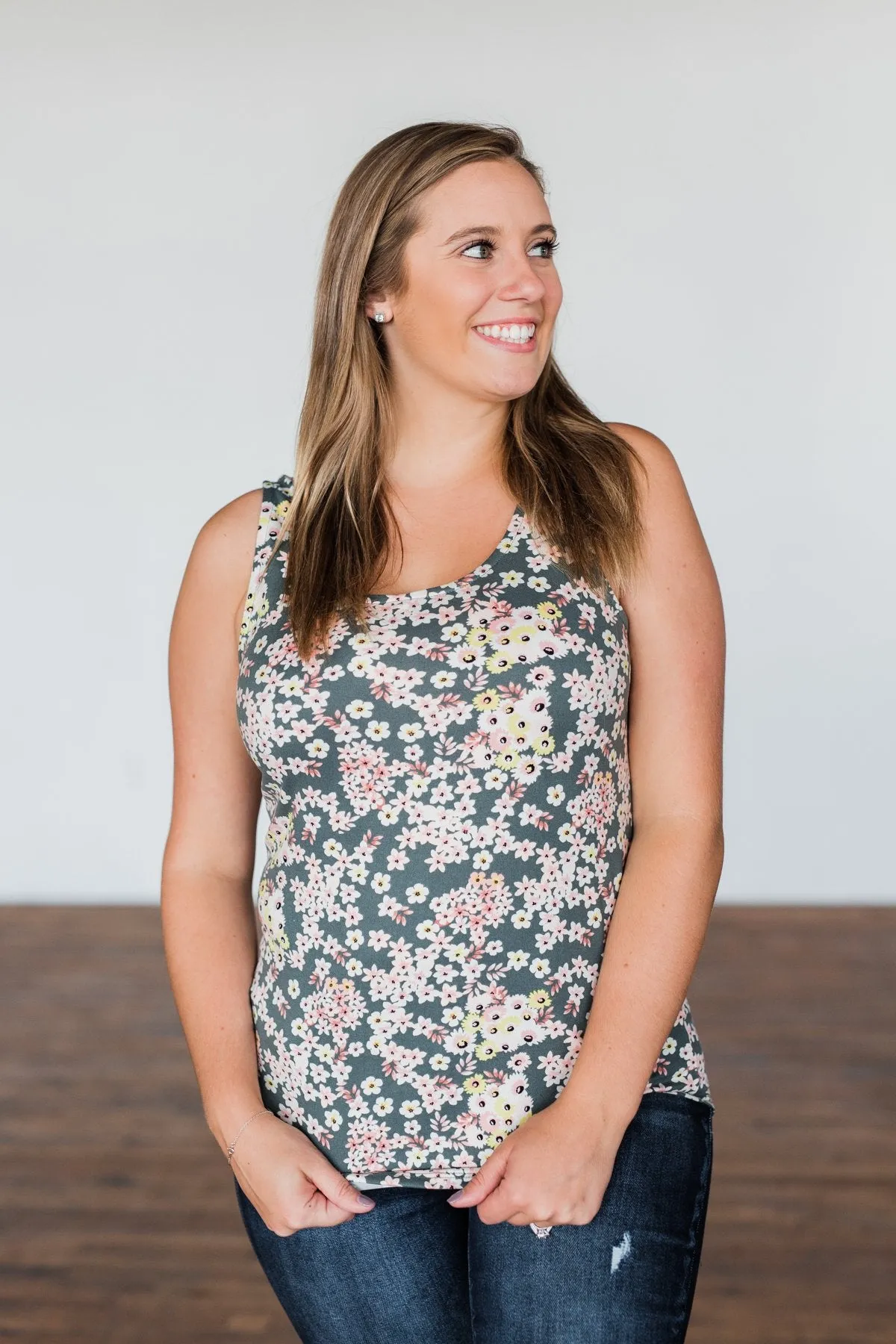 Let's Begin Again Floral Tank Top- Deep Sage